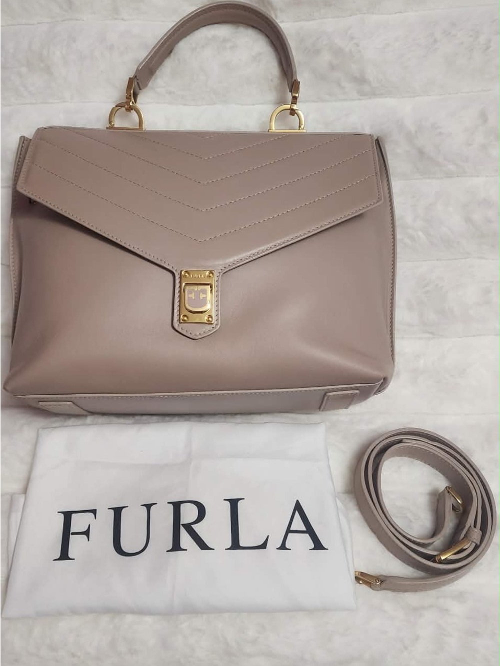 Furla Blush Taupe Leather Top-Handle Satchel with Strap